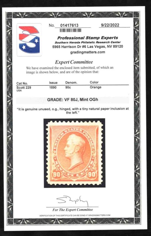 momen: US Stamps #229 MINT OG H PSE GRADED CERT VF-80J LOT #79140 