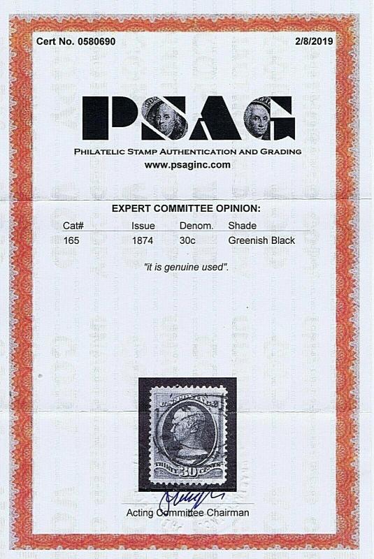 SC# 165 USED 30 CENT HAMILTON, 1874, DOUBLE OVAL CANCEL, 2019 PSAG CERT