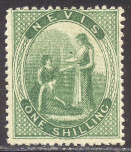 NEVIS #11 SCARCE Mint - 1867 1sh Yellow Green, P 15