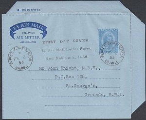 GRENADA 1956 7c aerogramme FDC - special handstamp..........................J812