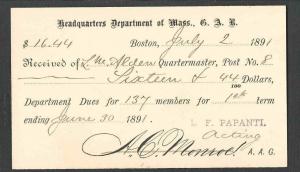 1891 POSTAL CARD BOSTON MA COMMANDER POST #8 GAR NOTICE OF DUES PAID