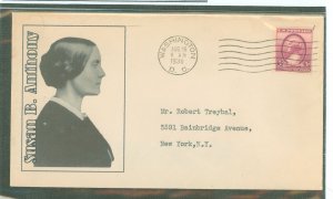 US 784 1936 3c Susan B. Anthony, women's suffrage on an addressed first day cover with an unknown cachet.