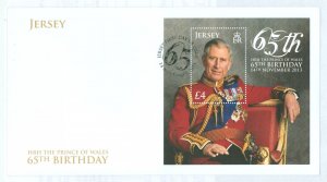 Jersey 1720 2013 £4 Prince Charles 65th Birthday, souvenir sheet on unaddressed, cacheted fd cover, errata card included for mis