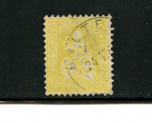 Switzerland #54 (S444) Helvetia 15 c lemon, perf 11 1/2, used, F-VF