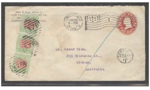 AUSTRALIA 1915, U.S. prepaid envelope with circular “Centimes 30T” & strip of 3