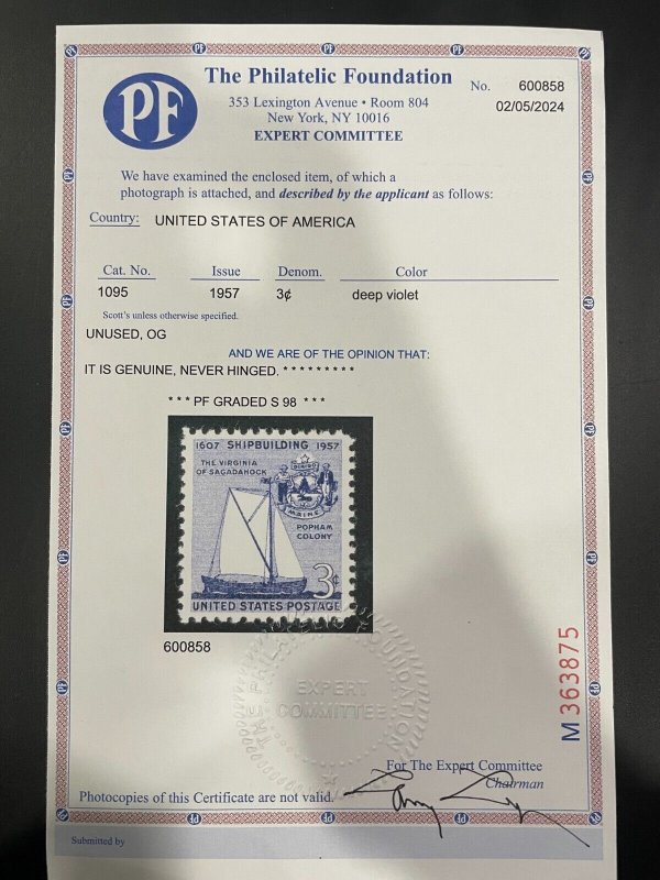US stamp scott# 1095 Shipbuilding mint OG NH MNH PF cert Graded Superb 98 $65