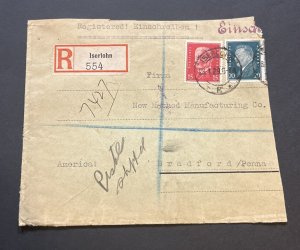 WW2 WWII German Pre War Cover W 2 Stamps Registered Mail To Bradford Penn