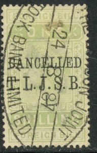 GREAT BRITAIN 1881 1s Foreign Bill Revenue w Security Ovpt CANCELLED T.L.J.S.B.