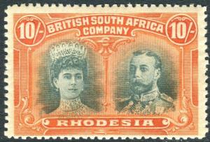 RHODESIA-1910-13 10/- Blue-Green & Orange. A lightly mounted mint example Sg 164