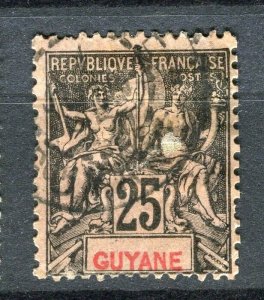 FRENCH GUIANA; 1890s classic Tablet type fine used Shade of 25c. value