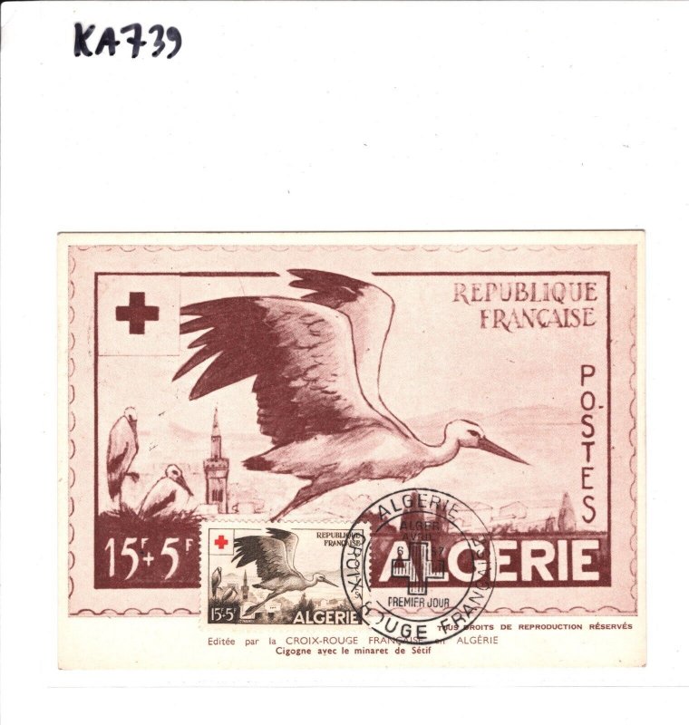 France Cols ALGERIA FDC Postcard *RED CROSS* MAXI CARD 1957 Algiers Stork KA739