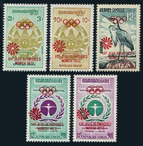 Cambodia 301-305, MNH. Mi 344-348. Olympics Munich-1972. Bird, Arms, Overprint.