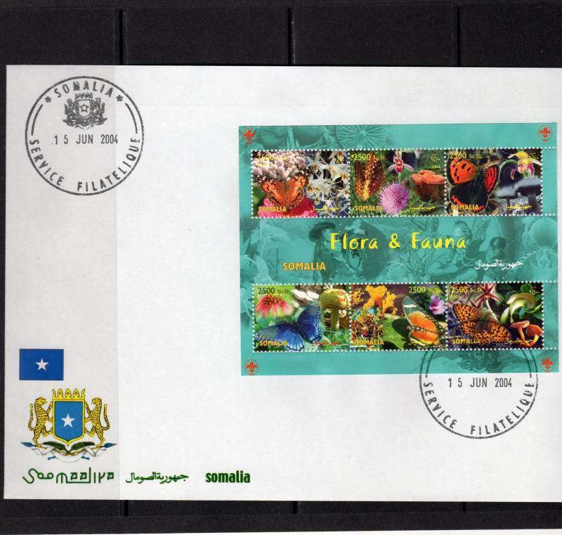 Somalia 2004 BUTTERFLIES/MUSHROOMS/SCOUTS Sheetlet (6) Perforated FDC