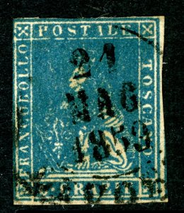 Italy 1857 Tuscany 6cr Blue Scott #13 VFU T715 ⭐⭐⭐⭐