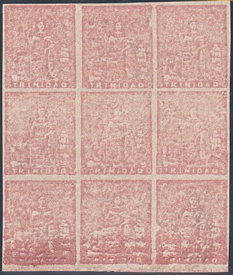 TRINIDAD 1860 (1d) SG20 A superb MNH block of 9 with full margins..........29182