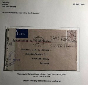 1947 Wembley England Censored Airmail Cover To Neheim British Zone Germany