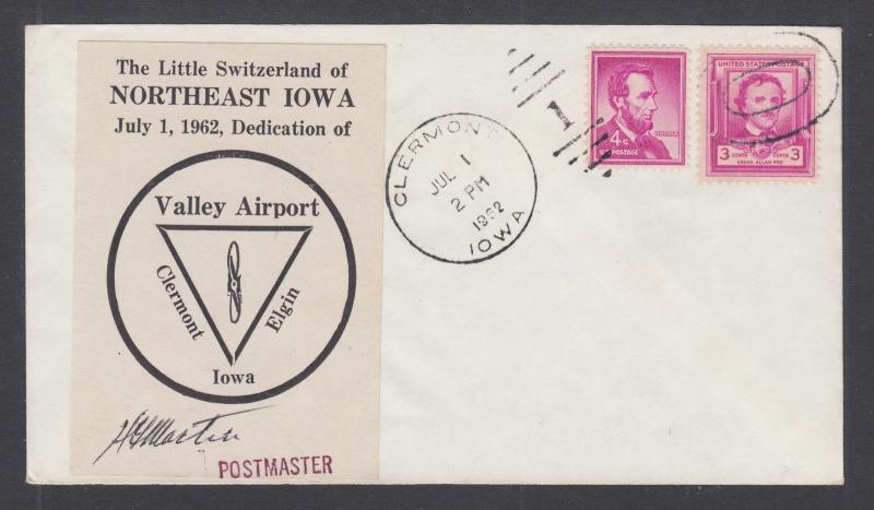 US Sc 986, 1036 on 1962 NE Iowa Valley Airport Dedication cover, signed by PM