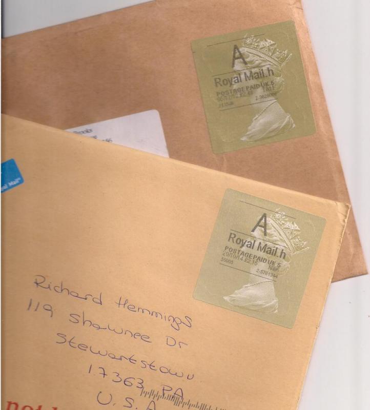 Two Gold Machin label covers to US Interesting Usages