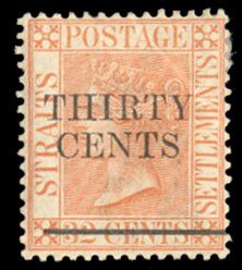 Straits Settlements #76 Cat$15.50, 1891 30c on 32c red orange, hinged