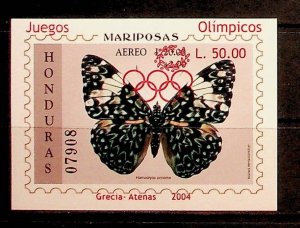 HONDURAS Sc C1175 NH OVERPRINTED SOUVENIR SHEET OF 2004 - BUTTERFLY - OLYMPICS