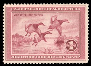 United States, Duck Hunting #RW2 Cat$375, 1935 $1 rose red, lightly hinged