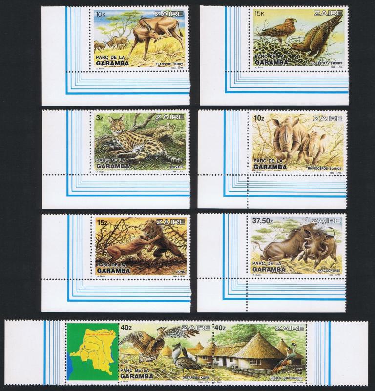 Zaire Birds Wild Animals Garamba 6v Corners +strip of 2v with margins