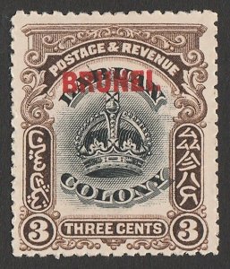 BRUNEI 1906 Labuan Crown 3c black & sepia, variety 'line through B'.