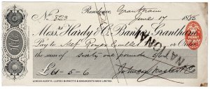 (I.B) QV Revenue : Impressed Cheque Duty 1d (Hardy's Bank - Grantham)