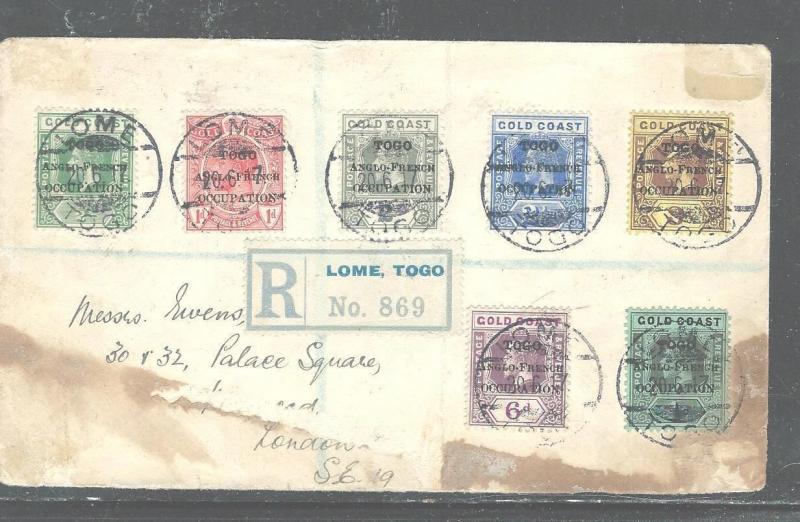 TOGO (P2903B) KGV OVPT ON GOLD COAST 7 VALUES ON REG COVER TO LONDON