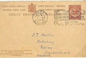 GB Reply Card Half CP93 Used FRANCE Nice Berks Taplow 1924 {samwells-covers}A176