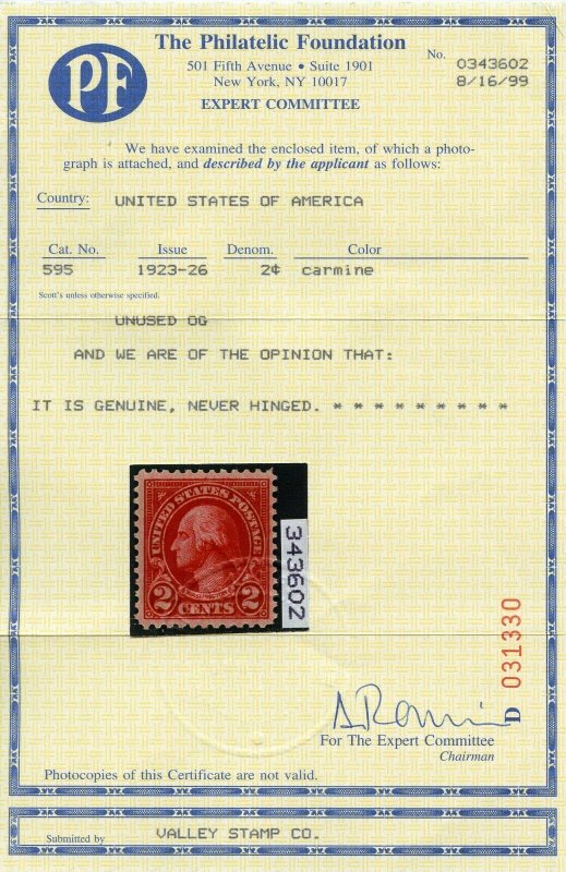 US SCOTT #595 MINT-VERY FINE-OG-NH W/ PSE & PF CERTS (6/17/21 GP)