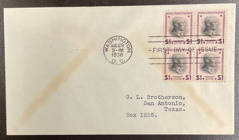 832 Woodrow Wilson,  Presidential Series FDC 1938 w/Block of 4