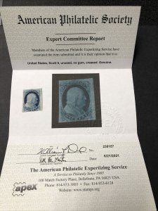 US Sc #9 Franklin “ UNUSED “ 1C / Large Margins - Minor Crease Certified By APEX 