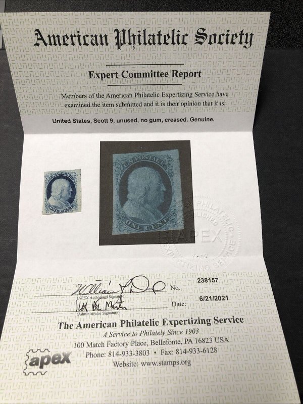 US Sc #9 Franklin “ UNUSED “ 1C / Large Margins - Minor Crease Certified By APEX 