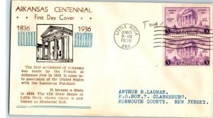 1936 Arkansas Centennial Sc 782-37a FDC with unknown cachet-maker CV $30