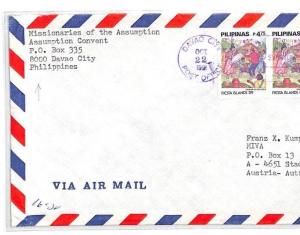 PHILIPPINES Cover *DAVAO CITY* CONVENT 1991 MISSIONARY Air Mail MIVA CF238