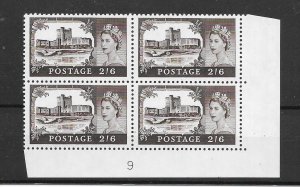 GB QEII 1963 Wilding Castles Brown, 2s6d SG595a Block of 4, Plate Number 9, MNH