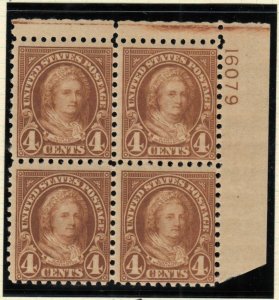 1925 Martha Washington 4c Sc 585 MNH with full original gum, plate block of 4