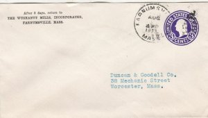 U.S. THE WUSKANUT MILLS INC. Farnumsville. 1933 Cancel Pre Paid Cover Ref 47736