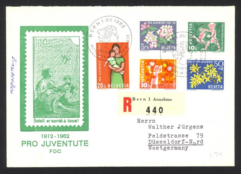 Switzerland Sc# B318-B322 FDC REGISTERED 1962 Apple Blossoms & Children