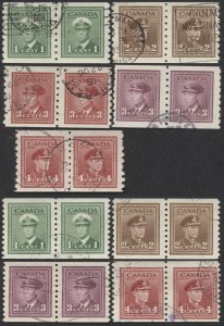 Canada #263-267, 278-281 GeoVI War Issue Coil Pairs Used F-VF