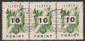 HUNGARY 1952-53 10ft Scroll ILLETEK Revenue Strip of 3 Bft. 58 VFU