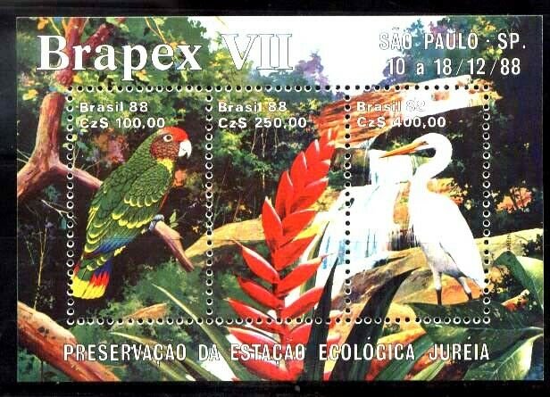 BRASIL BRAZIL 1988 FAUNA BIRDS BRAPEX VII ECOLOGY S/S YV BL 75 MI 76