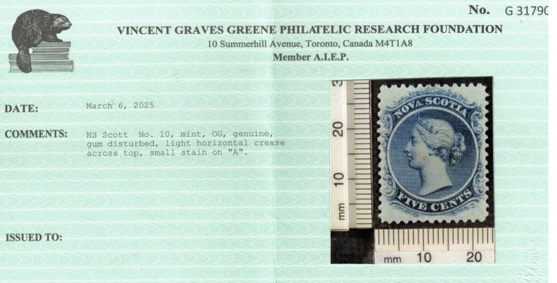 Nova Scotia #10 Extra Fine Mint Full Original Gum Hinged **With Certificate**