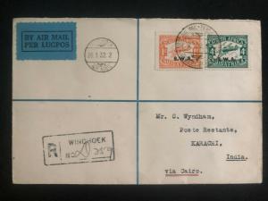 1932 Windhoek South West Africa Airmail Cover to Karachi India Via Cairo