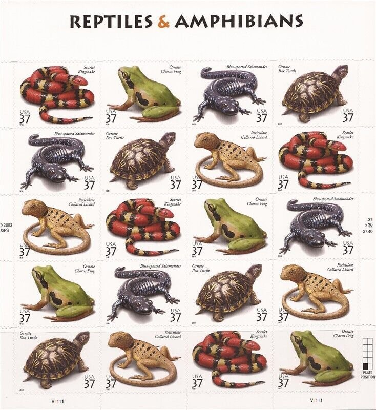 US Stamp 2003 Reptiles & Amphibians - Sheet of 20 Stamps #3814-8