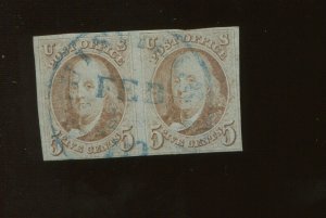 1 Franklin Used Pair of Stamps with Blue Town Cancel & PF Cert (Bz 445) 