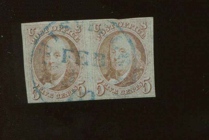 1 Franklin Used Pair of Stamps with Blue Town Cancel & PF Cert (Bz 445)