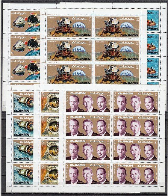 Ajman, Mi cat. 755-760 A. Apollo 14 issue on sheets of 8. ^