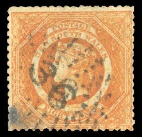 New South Wales #41a Cat$50, 1860 8p orange, used